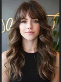 Perruques Longues 16" Marron Avec Frange Perruques Ondulées Cheveux Humains