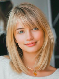 Perruques Blondes Avec Frange Longueur Menton 12" Perruques De Cheveux Humains Raides Avec Dentelle Sur Le Devant