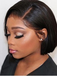 Cheveux Naturels Remy Dentelle Devant Perruques Bob Courte Bob Style Brazilian Hair Silky Tout Droit Noir Perruques