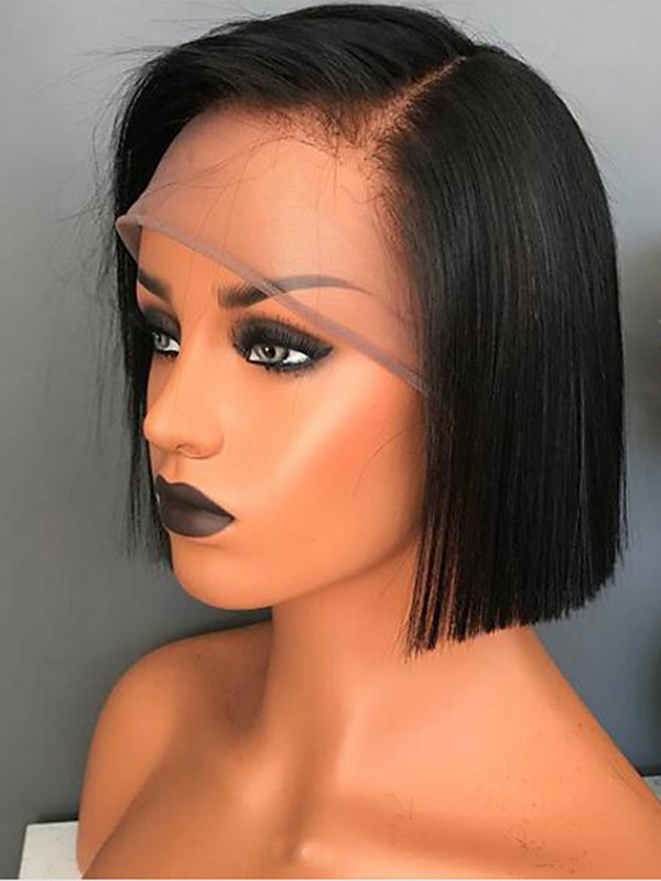 Cheveux Naturels Remy Dentelle Devant Perruques Bob Courte Bob Style Brazilian Hair Silky Tout Droit Noir Perruques