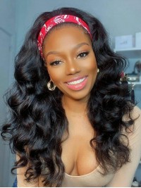 Body Wave Longue Perruque Ondulée Noire Pour Femmes Noires Perruque Sans Colle Avec Bandeau Attaché