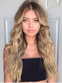 Perruques De Cheveux Naturels Ondulées Blondes Capless Longue Ombrées Avec Partie Centrale