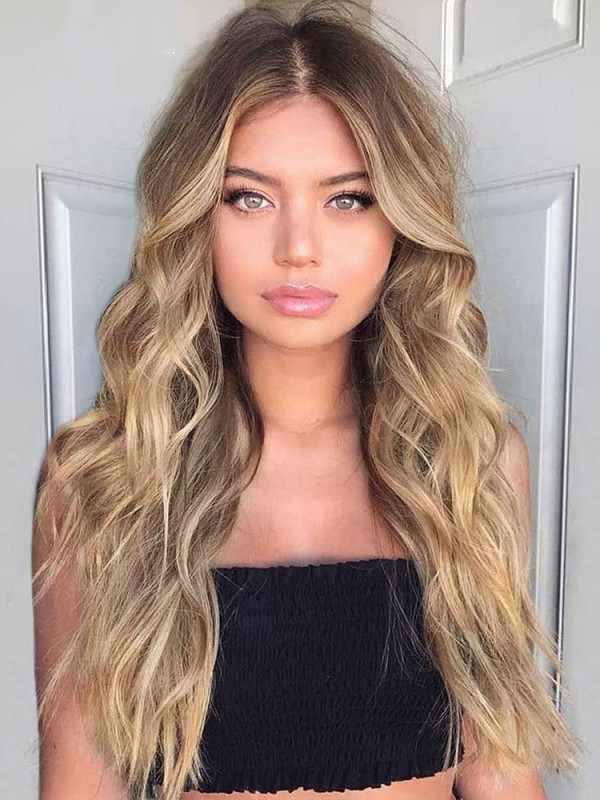 Perruques De Cheveux Naturels Ondulées Blondes Capless Longue Ombrées Avec Partie Centrale