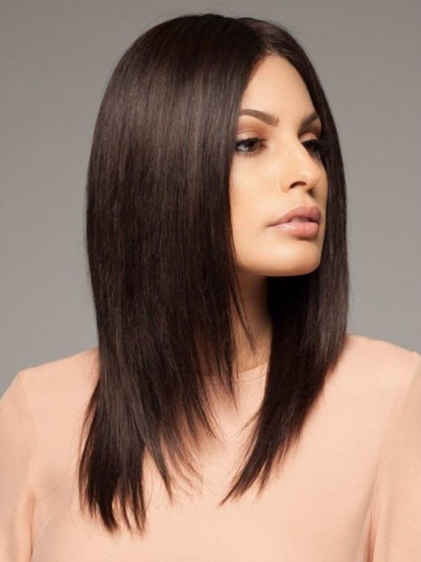 Perruques De Cheveux Humains En Dentelle Avec Raie Au Milieu En Couches De 16"