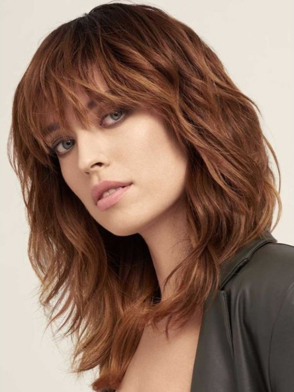 Perruques De Cheveux Humains Remy Longues Ondulées Avec Frange