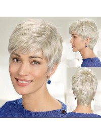 Perruques De Cheveux Humains Pixie Courtes Blanches Argentées Avec Frange