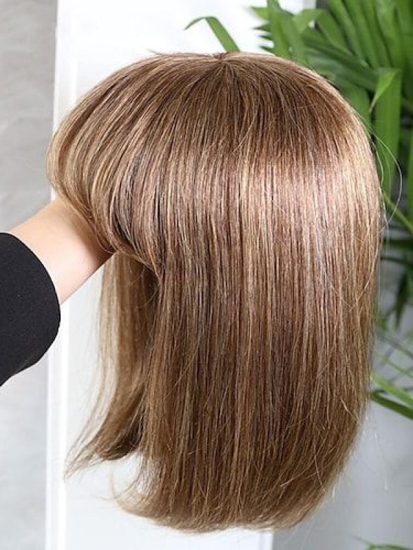 Perruques De Cheveux Humains Remy Avant De Lacet Marron Classique 12" Avec Frange