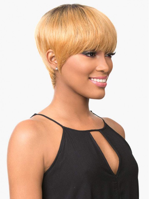 Perruques De Cheveux Humains Coupe Pixie Tout Droit Avec Frange