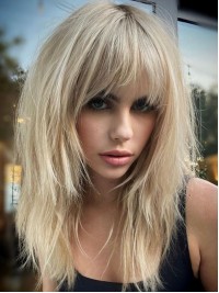 Perruques De Cheveux Humains En Dentelle Devant Blonde Platine Avec Frange De 16"