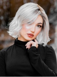 Perruque Blonde Platine Ondulée De 12" Longueur Menton Cheveux Humains