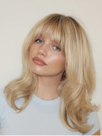 Perruque Blonde Moyenne 14" Cheveux Humains Remy Sans Bonnet Avec Frange Lisse