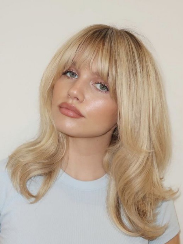 Perruque Blonde Moyenne 14" Cheveux Humains Remy Sans Bonnet Avec Frange Lisse