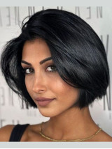 Perruque Bob Noire 10" Cheveux Humains Remy Lisses Avec Dentelle Frontale