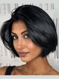 Perruque Bob Noire 10" Cheveux Humains Remy Lisses Avec Dentelle Frontale