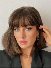 Perruques Droites Mi-longues En Cheveux Humains Remy Avec Frange Marron 14"