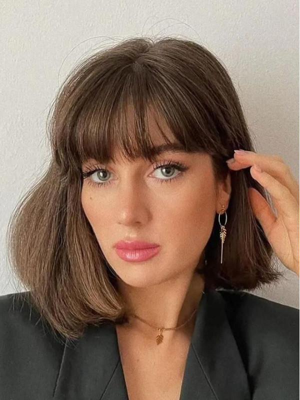 Perruques Droites Mi-longues En Cheveux Humains Remy Avec Frange Marron 14"