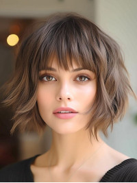 Perruque Lace Front Ondulée De 10" Avec Frange Longueur Menton Brune