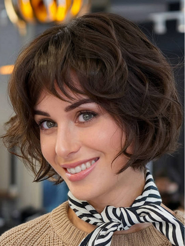Perruque Synthétique Ondulée Sans Bonnet Avec Frange Coupe Au Carré Marron De 10"