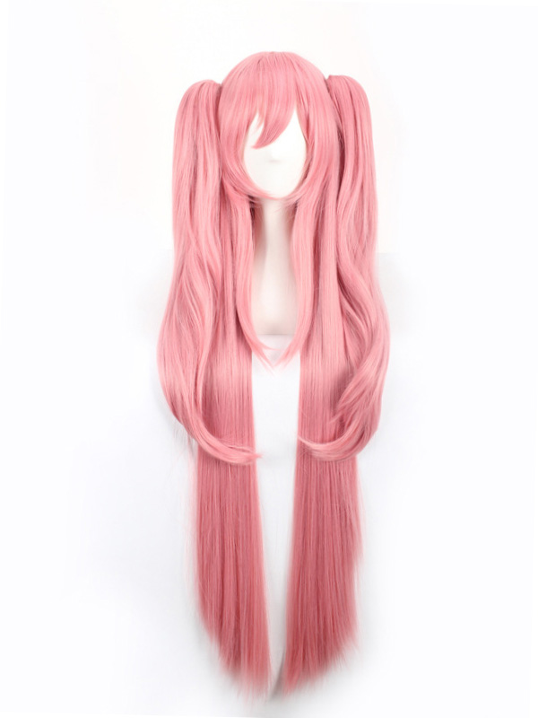 Pink Longue Tout Droit Capless Cosplay Perruques Avec le poney And 2 Ponytails