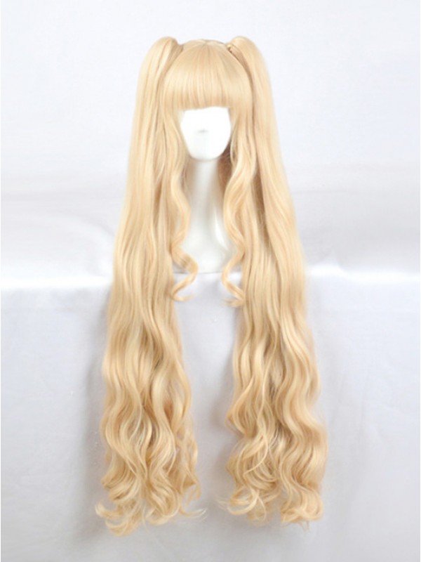 Longue Blond Dual Horsetail Ondulée Capless Cosplay Perruques Avec le poney