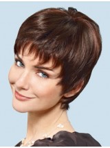 Marron Courte Tout Droit 100% Cheveux Naturels Remy