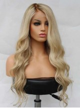 Blond Longue Ondulée Dentelle Devant 100% Cheveux Naturels Remy Perruques Avec une frange latérale 28 Inches