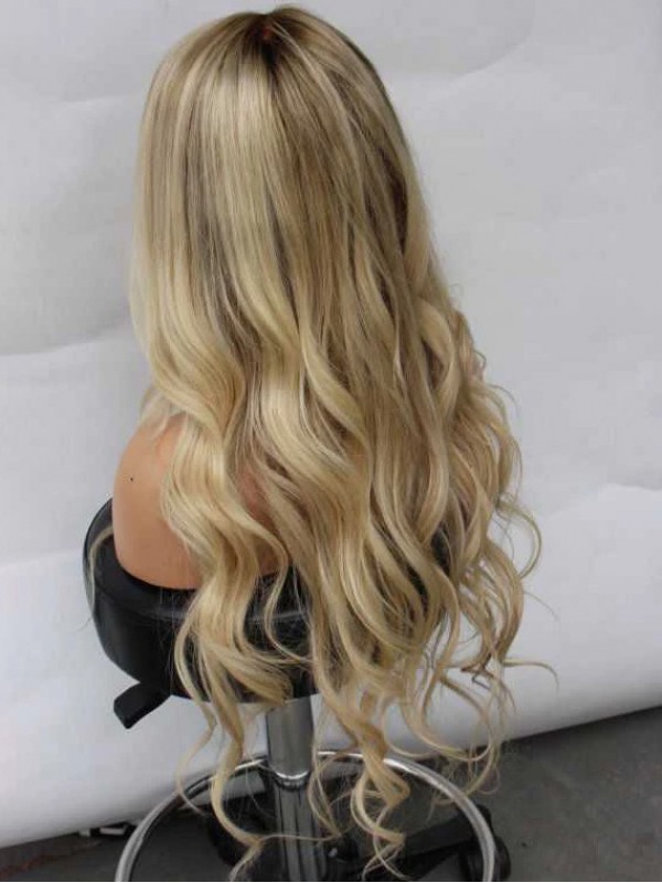 Blond Longue Ondulée Dentelle Devant 100% Cheveux Naturels Remy Perruques Avec une frange latérale 28 Inches
