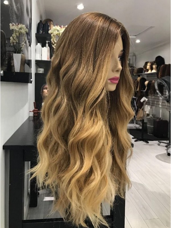 Ombre Moyennescheitel Longue Ondulée Capless 100% Cheveux Naturels Remy Perruques Avec une frange latérale 24 Inches