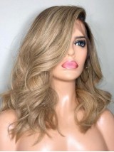 Blond Longue Ondulée Dentelle Devant 100% Cheveux Naturels Remy Perruques Avec une frange latérale 18 Inches