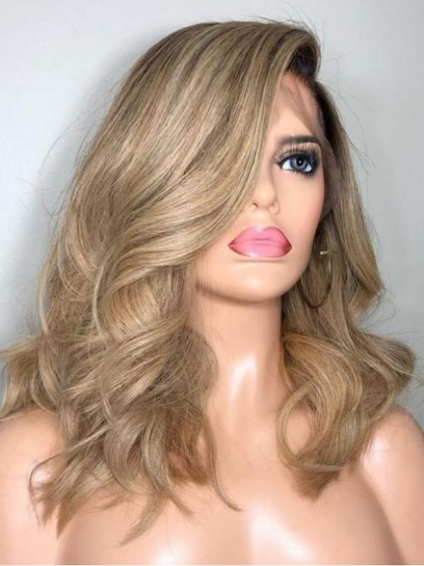 Blond Longue Ondulée Dentelle Devant 100% Cheveux Naturels Remy Perruques Avec une frange latérale 18 Inches