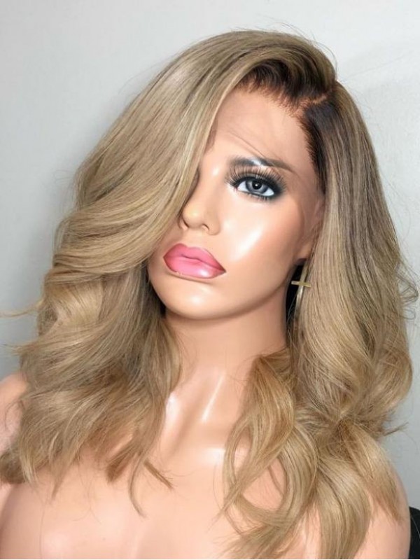 Blond Longue Ondulée Dentelle Devant 100% Cheveux Naturels Remy Perruques Avec une frange latérale 18 Inches