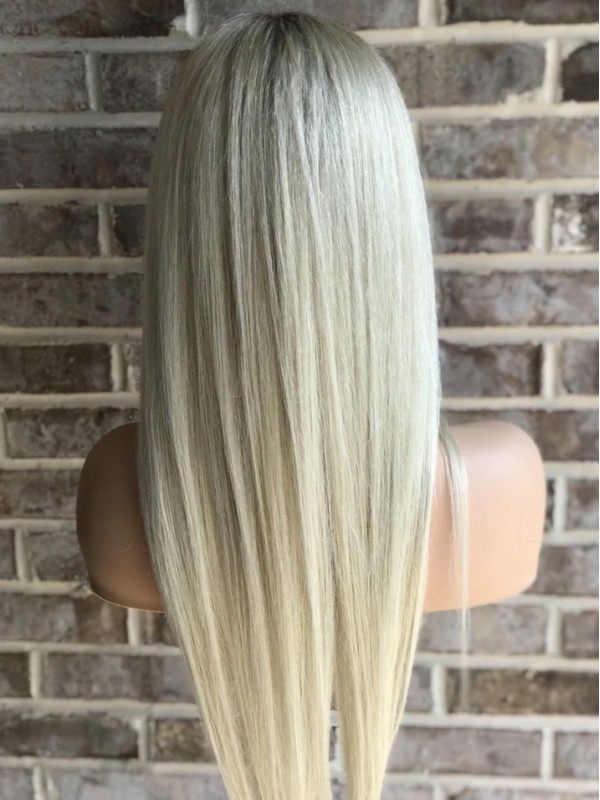 Blond Longue Tout Droit Dentelle Devant 100% Cheveux Naturels Remy Perruques Avec une frange latérale 20 Inches
