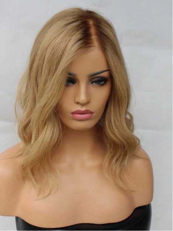 Blond Ondulée Longue Dentelle Devant 100% Cheveux Naturels Remy Perruques Avec une frange latérale 16 Inches