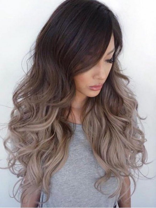 Ombre Longue Ondulée Capless 100% Cheveux Naturels Remy Perruques Avec une frange latérale 24 Inches