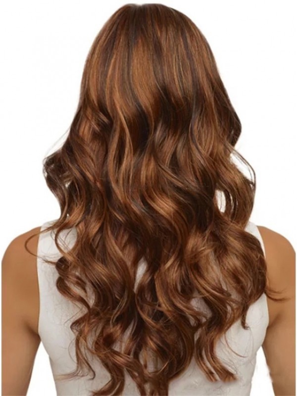 Longue Marron Ondulée Capless 100% Cheveux Naturels Remy Avec une frange latérale