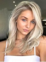 Blond Longue Tout Droit Dentelle Devant 100% Cheveux Naturels Remy Avec une frange latérale