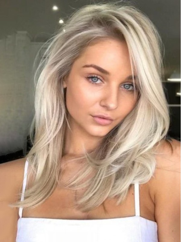 Blond Longue Tout Droit Dentelle Devant 100% Cheveux Naturels Remy Avec une frange latérale