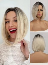 Ombre Blonde Bob Moyenne Tout Droit Capless Perruques Cheveux Naturels Remy Avec Frange Latérale