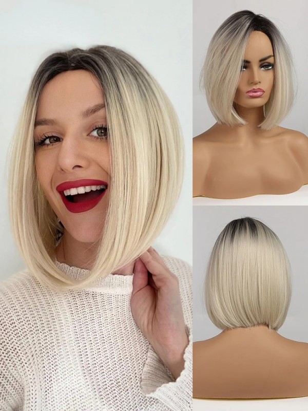 Ombre Blonde Bob Moyenne Tout Droit Capless Perruques Cheveux Naturels Remy Avec Frange Latérale