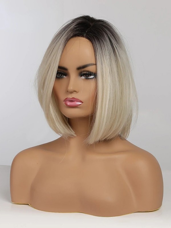 Ombre Blonde Bob Moyenne Tout Droit Capless Perruques Cheveux Naturels Remy Avec Frange Latérale