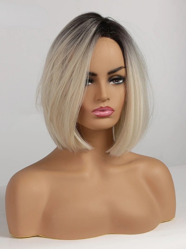 Ombre Blonde Bob Moyenne Tout Droit Capless Perruques Cheveux Naturels Remy Avec Frange Latérale