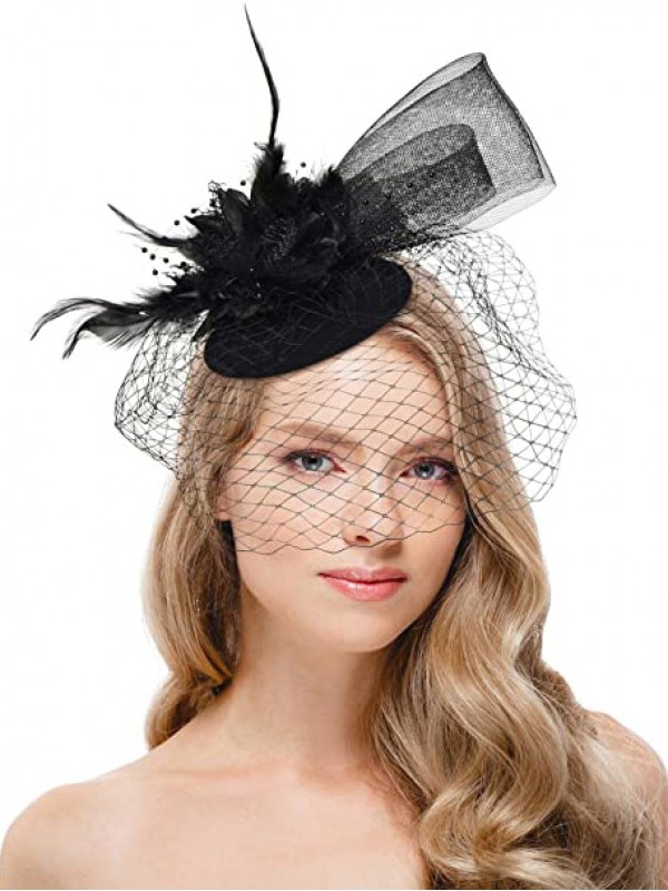 Femmes noires Tea Party bandeau Kentucky Derby mariage Cocktail fleur maille plumes pince à cheveux