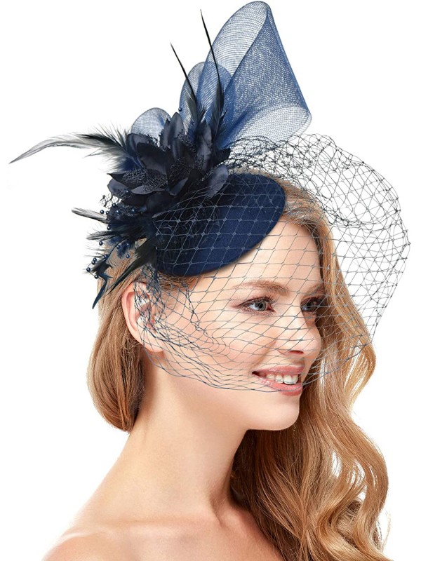 Bleu Femmes Tea Party Bandeau Kentucky Derby Mariage Cocktail Fleur Maille Plumes Pince À Cheveux