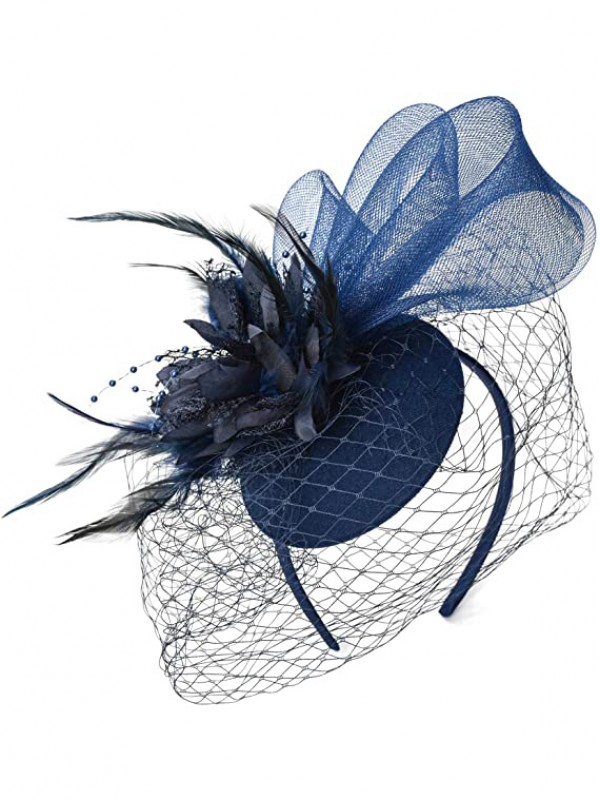 Bleu Femmes Tea Party Bandeau Kentucky Derby Mariage Cocktail Fleur Maille Plumes Pince À Cheveux