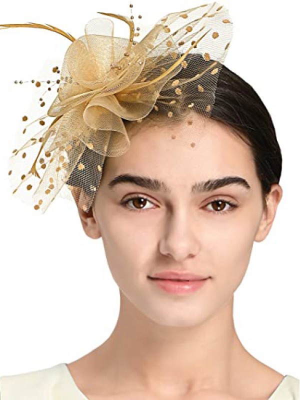 Or Femmes Tea Party Bandeau Kentucky Derby Mariage Cocktail Fleur Maille Plumes Pince À Cheveux