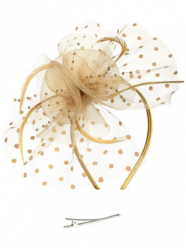 Or Femmes Tea Party Bandeau Kentucky Derby Mariage Cocktail Fleur Maille Plumes Pince À Cheveux