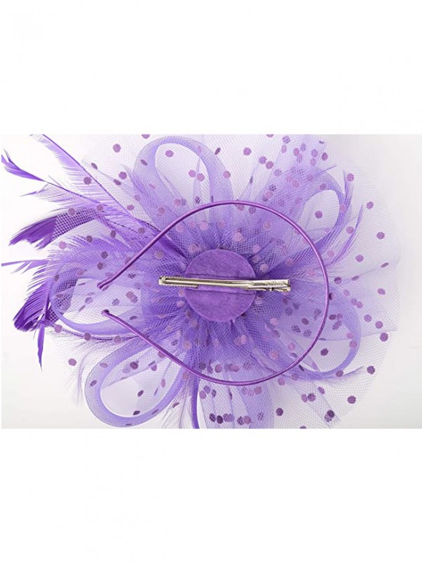 Violet femmes Tea Party bandeau Kentucky Derby mariage Cocktail fleur maille plumes pince à cheveux