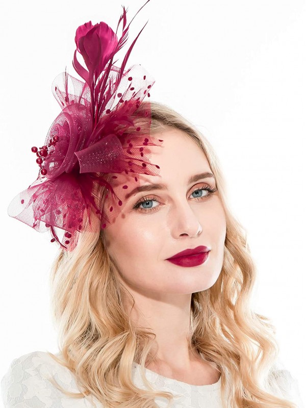 Bourgogne femmes Tea Party bandeau Kentucky Derby mariage Cocktail fleur maille plumes pince à cheveux