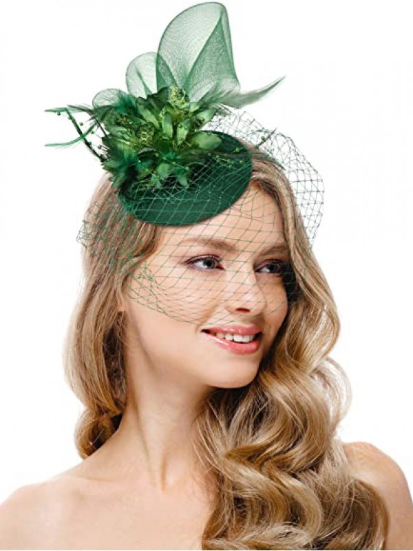 Vert Femmes Tea Party Bandeau Kentucky Derby Mariage Cocktail Fleur Maille Plumes Pince À Cheveux