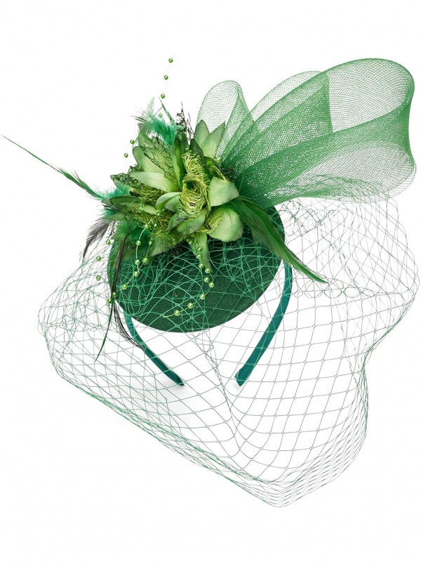 Vert Femmes Tea Party Bandeau Kentucky Derby Mariage Cocktail Fleur Maille Plumes Pince À Cheveux